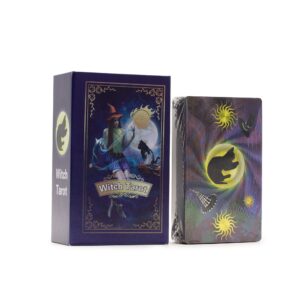 Caja azul de la baraja de tarot de brujas con una bruja de sombrero naranja, la luna llena y un gato negro