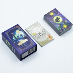 Caja azul de la baraja de tarot de brujas con una bruja de sombrero naranja, la luna llena y un gato negro