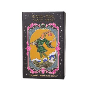 Caja negra de baraja de tarot con el Loco a color sobre fondo naranja y marco rosa y dorado