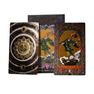 Caja negra de baraja de tarot con el Loco a color sobre fondo naranja y marco rosa y dorado