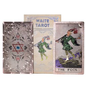 Baraja de tarot Waite con lámina plateada: reverso con estrella de seis puntas, caja color pergamino y la carta del Loco