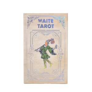 Baraja de tarot Waite con lámina plateada: reverso con estrella de seis puntas, caja color pergamino y la carta del Loco