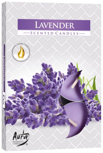 Caja de seis velas de té perfumadas de lavanda, con flores de lavanda en la tapa