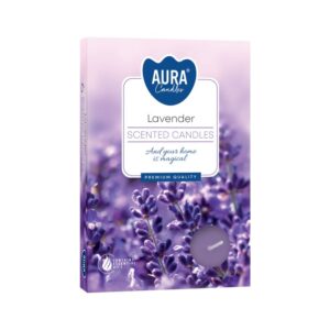 Caja de seis velas de té perfumadas de lavanda, con flores de lavanda en la tapa