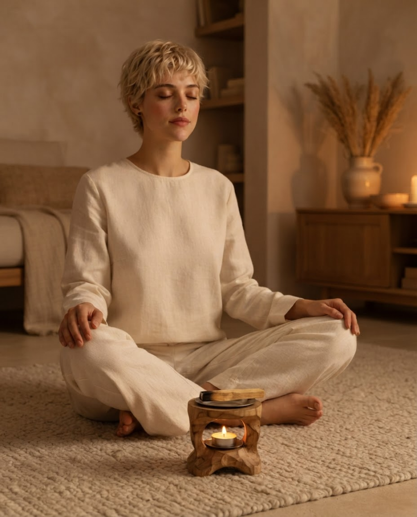 Calentador de palo santo de madera con una vela de té encendida debajo y un palito templándose encima