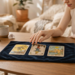 Cartas invertidas en el tarot: leerlas o no, y cómo decidirlo 4 Tirada de tres cartas de tarot sobre un tapete, con una de ellas colocada del revés