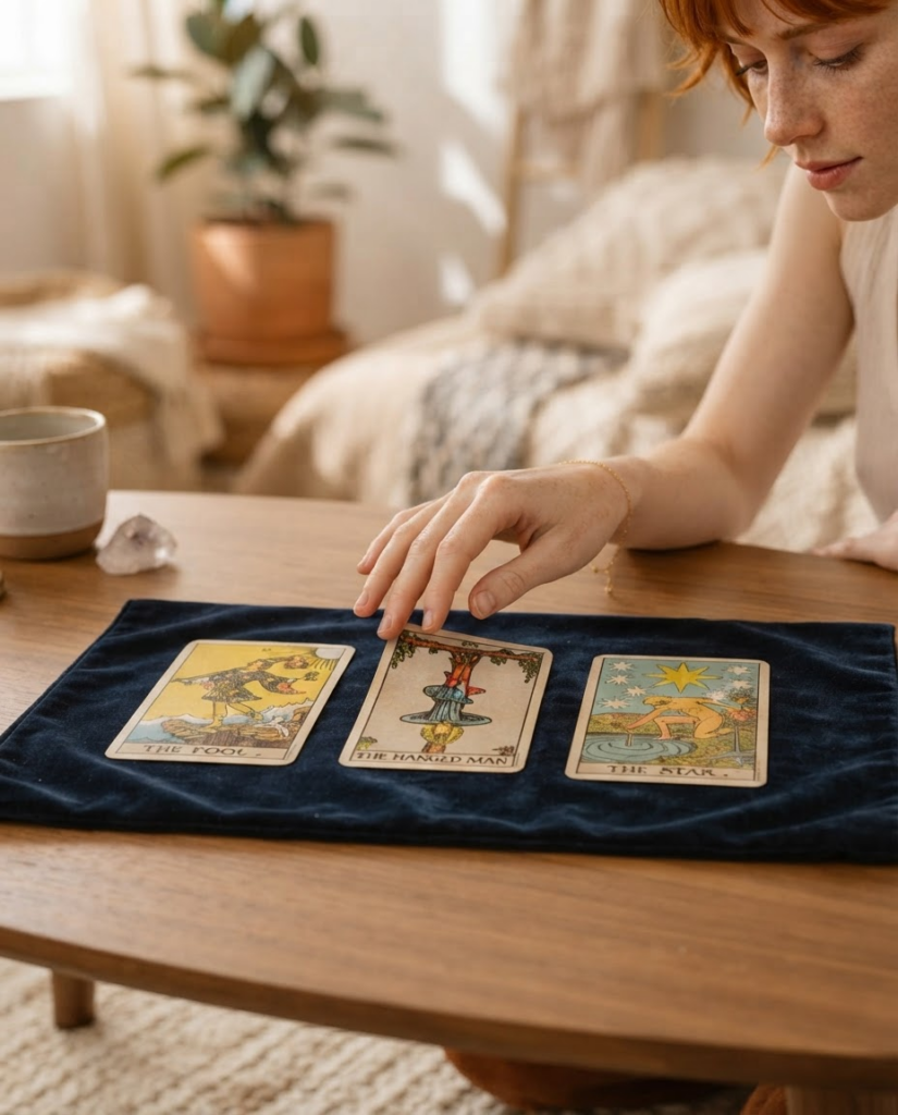 Tirada de tres cartas de tarot sobre un tapete, con una de ellas colocada del revés