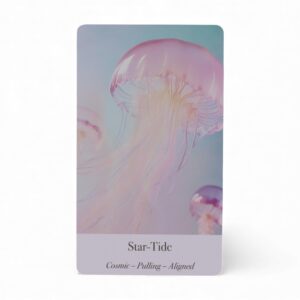 Caja del mazo de cartas oráculo Aguas Etéreas con un triángulo dorado y un ojo sobre un mar de tonos rosa y turquesa