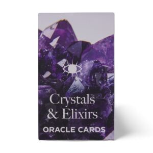 Caja del mazo de cartas oráculo de cristales y elixires con una drusa de amatista morada en la tapa
