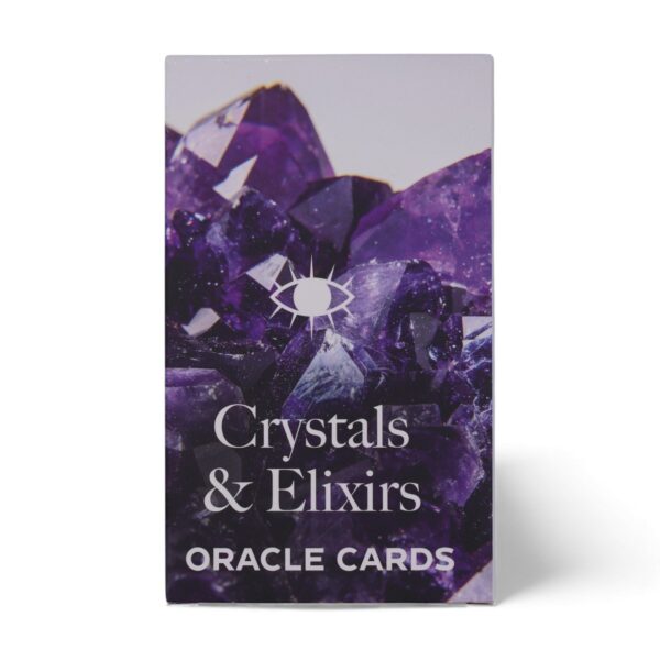 Caja del mazo de cartas oráculo de cristales y elixires con una drusa de amatista morada en la tapa