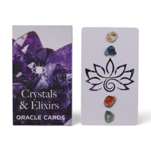 Caja del mazo de cartas oráculo de cristales y elixires con una drusa de amatista morada en la tapa
