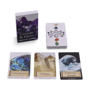 Caja del mazo de cartas oráculo de cristales y elixires con una drusa de amatista morada en la tapa
