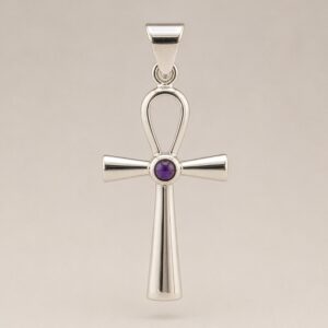 Colgante ankh plateado con un pequeño cabujón morado en el cruce de los brazos