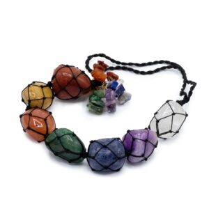 Colgante de siete piedras de los chakras en red de cordón negro con racimo de lascas de colores, colgado de una rama blanca