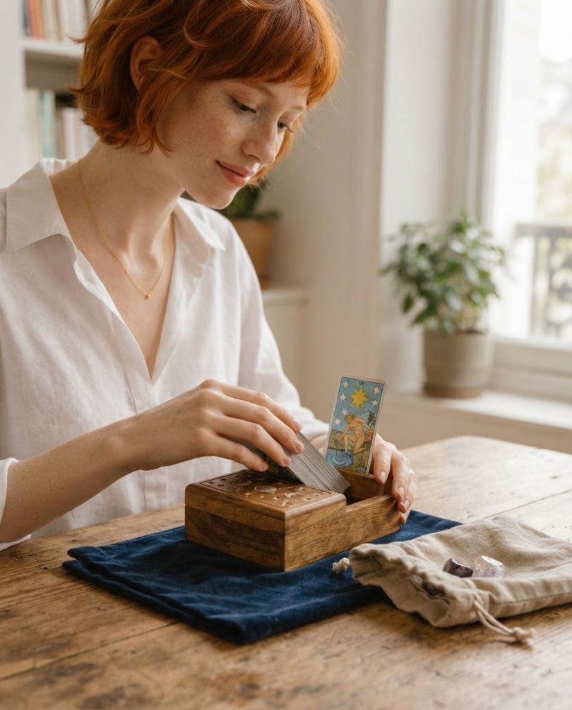 Baraja de tarot guardada en una caja de madera abierta, junto a un tapete doblado y una bolsa de tela