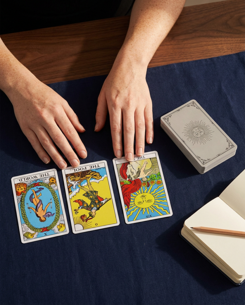 Mesa de madera con tres cartas de tarot boca arriba sobre un tapete, junto a la baraja y una libreta