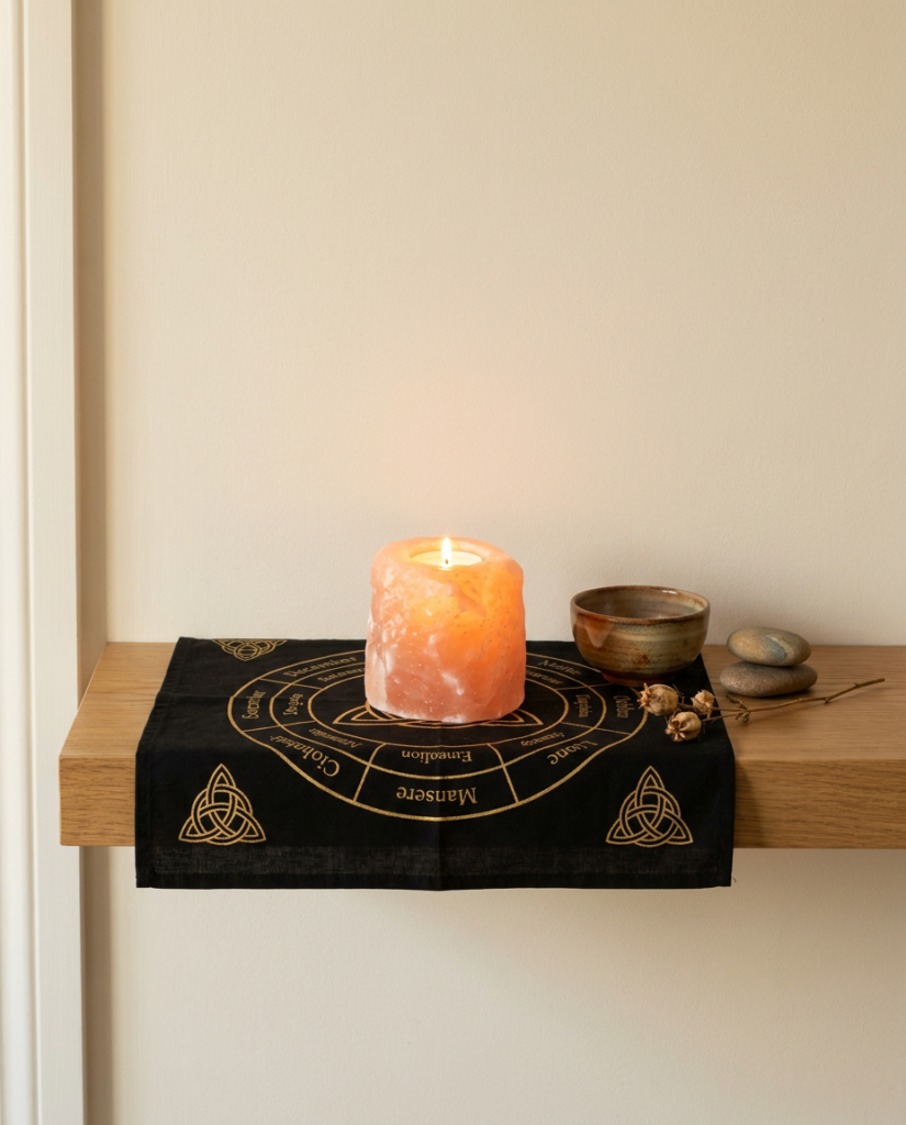 Altar doméstico sobre una balda de madera con paño negro, vela encendida en portavelas de sal y cuenco pequeño
