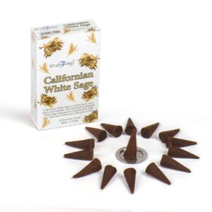 Caja de conos de incienso de salvia blanca de California con los conos en círculo alrededor del platillo de metal