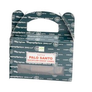 Caja de cartón verde oscuro con asa de conos de reflujo de palo santo