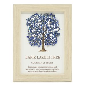 Cuadro con un árbol de la vida cuya copa está hecha de lascas de lapislázuli azul, en marco de efecto madera clara