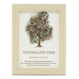 Cuadro con un árbol de la vida cuya copa está hecha de lascas de turmalina rosa, verde y gris, en marco de efecto madera clara