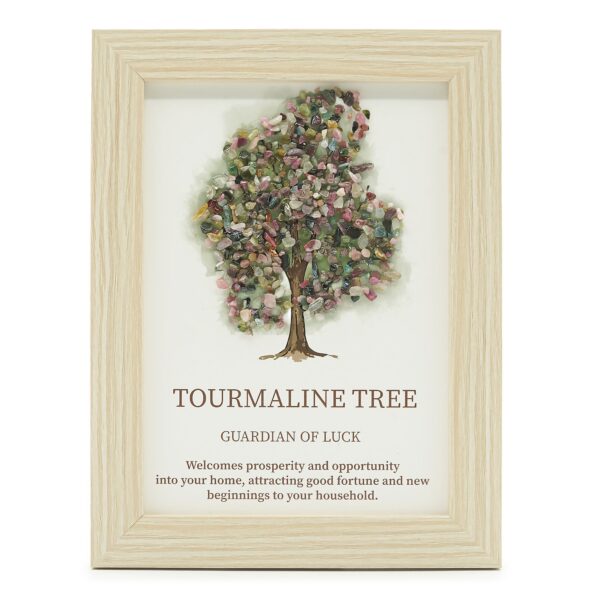 Cuadro con un árbol de la vida cuya copa está hecha de lascas de turmalina rosa, verde y gris, en marco de efecto madera clara