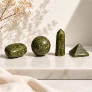 Corazón, esfera, obelisco y pirámide de epidota verde moteada sobre fondo blanco