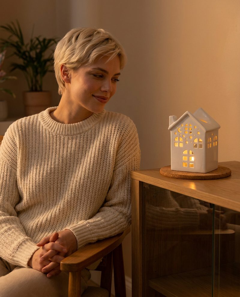 Con la vela de té encendida en el quemador de casita