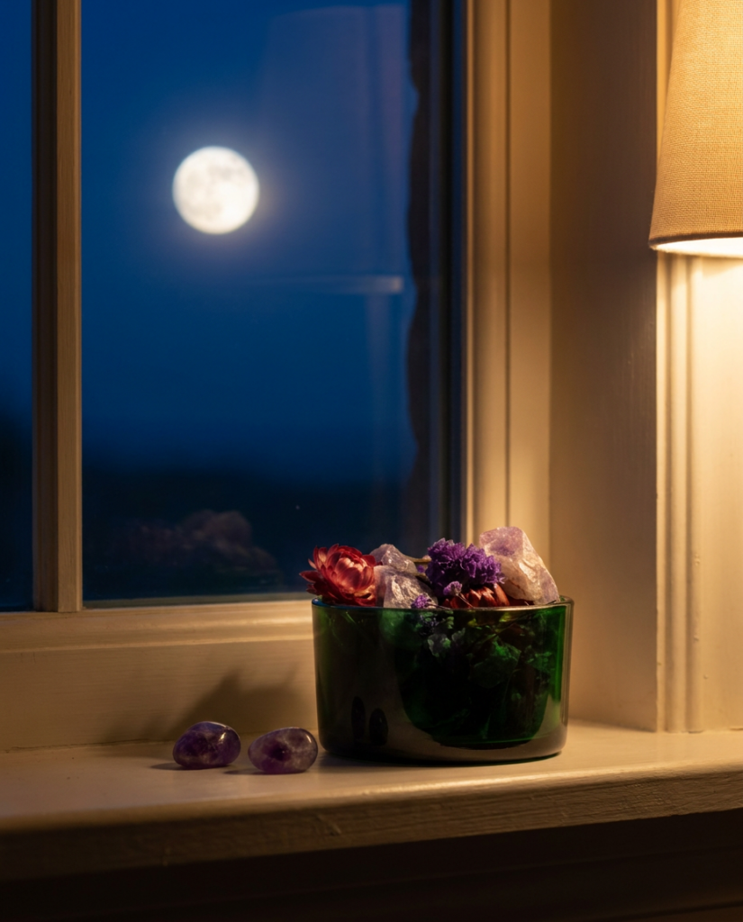 Ventana de noche con la luna llena al fondo y un tarro de cristales y flores secas en el alféizar