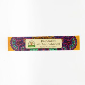 Caja de incienso masala de palo santo y sándalo, amarilla con mandalas morados y verdes