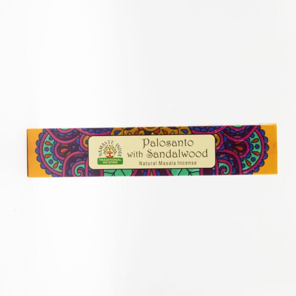 Caja de incienso masala de palo santo y sándalo, amarilla con mandalas morados y verdes