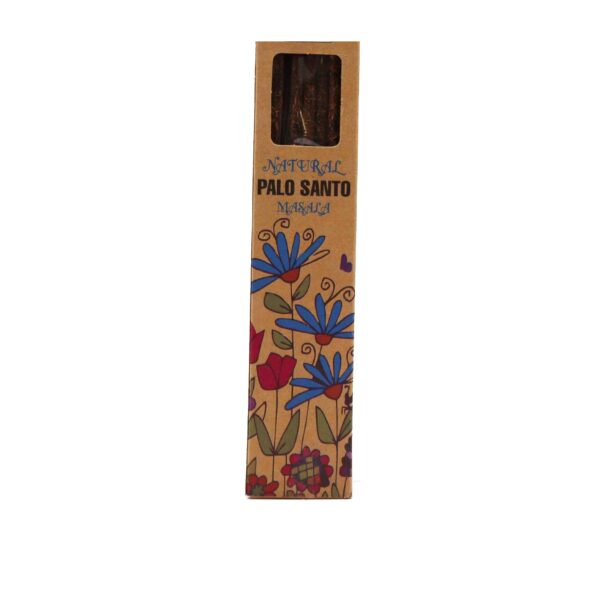 Paquete de incienso masala de palo santo en caja de cartón con flores dibujadas