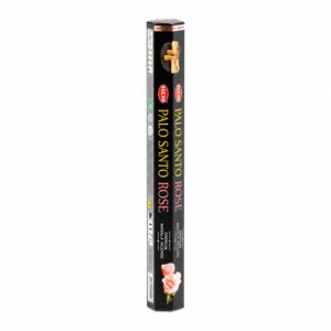 Tubo hexagonal negro de incienso de palo santo y rosa, con rosas y astillas de madera dibujadas
