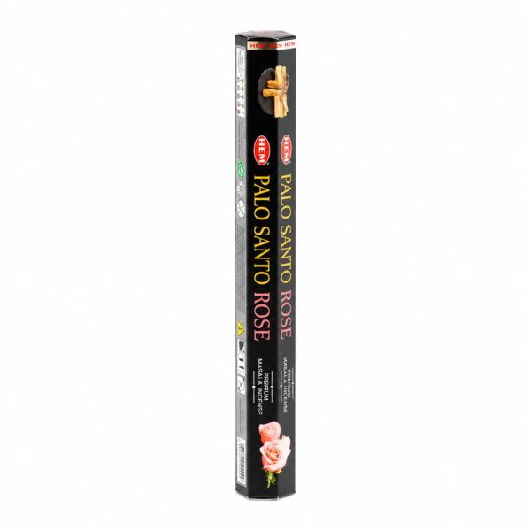 Tubo hexagonal negro de incienso de palo santo y rosa, con rosas y astillas de madera dibujadas