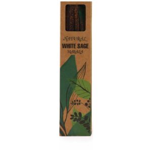 Paquete de incienso masala de salvia blanca en caja de cartón kraft con hojas dibujadas