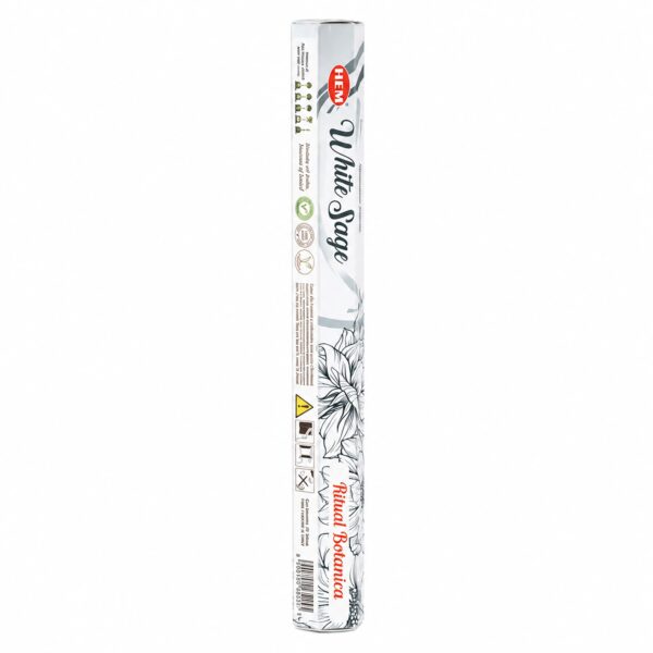 Tubo hexagonal blanco de incienso de salvia blanca, ilustrado con flores en gris