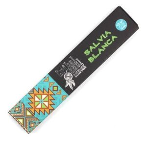 Caja de incienso de salvia blanca Tribal Soul, negra con franja de dibujo geométrico turquesa y naranja