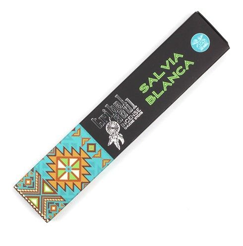 Caja de incienso de salvia blanca Tribal Soul, negra con franja de dibujo geométrico turquesa y naranja