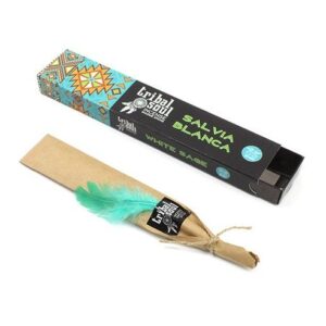 Caja de incienso de salvia blanca Tribal Soul, negra con franja de dibujo geométrico turquesa y naranja