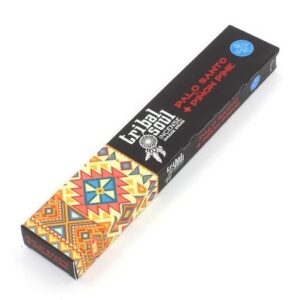 Caja de incienso de palo santo y pino piñón, negra con franja de dibujo geométrico de colores