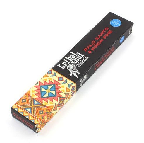 Caja de incienso de palo santo y pino piñón, negra con franja de dibujo geométrico de colores