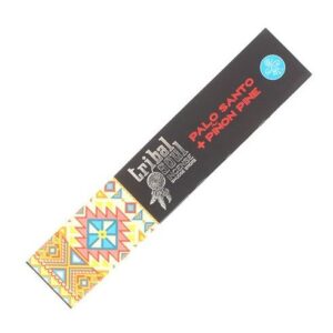 Caja de incienso de palo santo y pino piñón, negra con franja de dibujo geométrico de colores