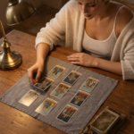 La Cruz Celta: cómo se lee paso a paso sin perderte 5 Tirada de Cruz Celta con diez cartas de tarot extendidas sobre un tapete gris en una mesa de madera