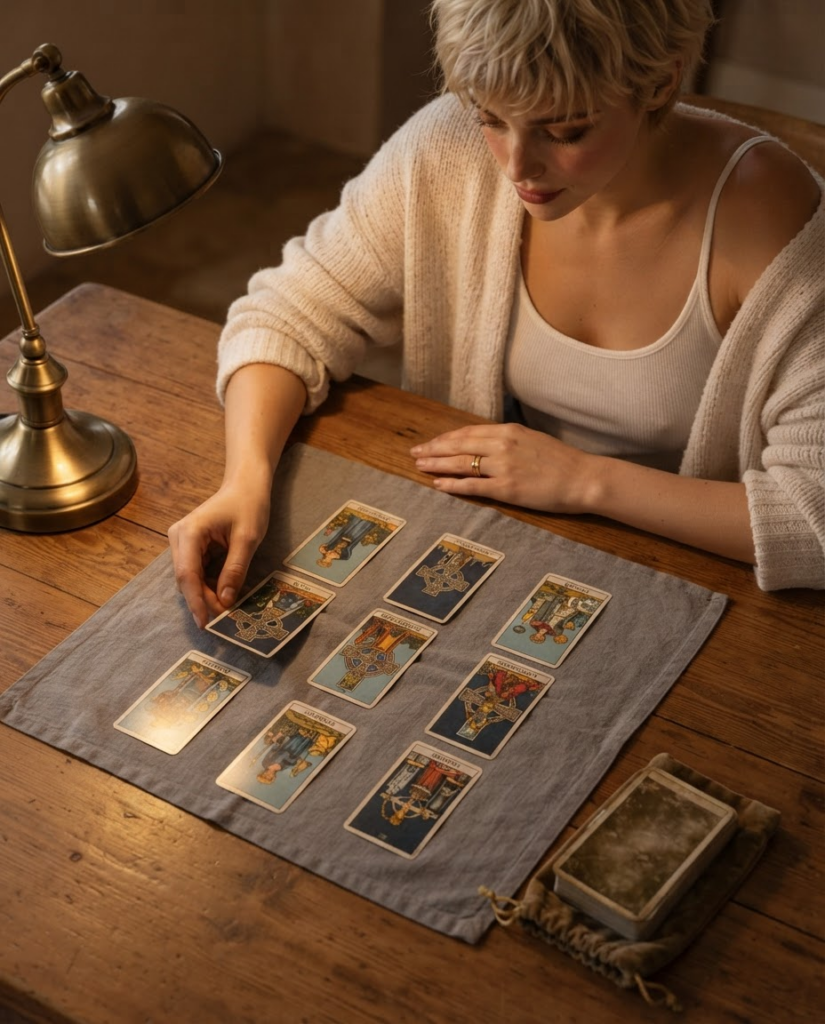 Tirada de Cruz Celta con diez cartas de tarot extendidas sobre un tapete gris en una mesa de madera