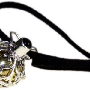 Llamador de ángeles de plata calada con bola dorada y cabujón negro en lo alto