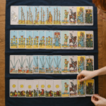 Los cuatro palos del tarot: copas, oros, espadas y bastos 4 Arcanos menores del tarot extendidos por palos sobre un tapete azul marino en una mesa de madera