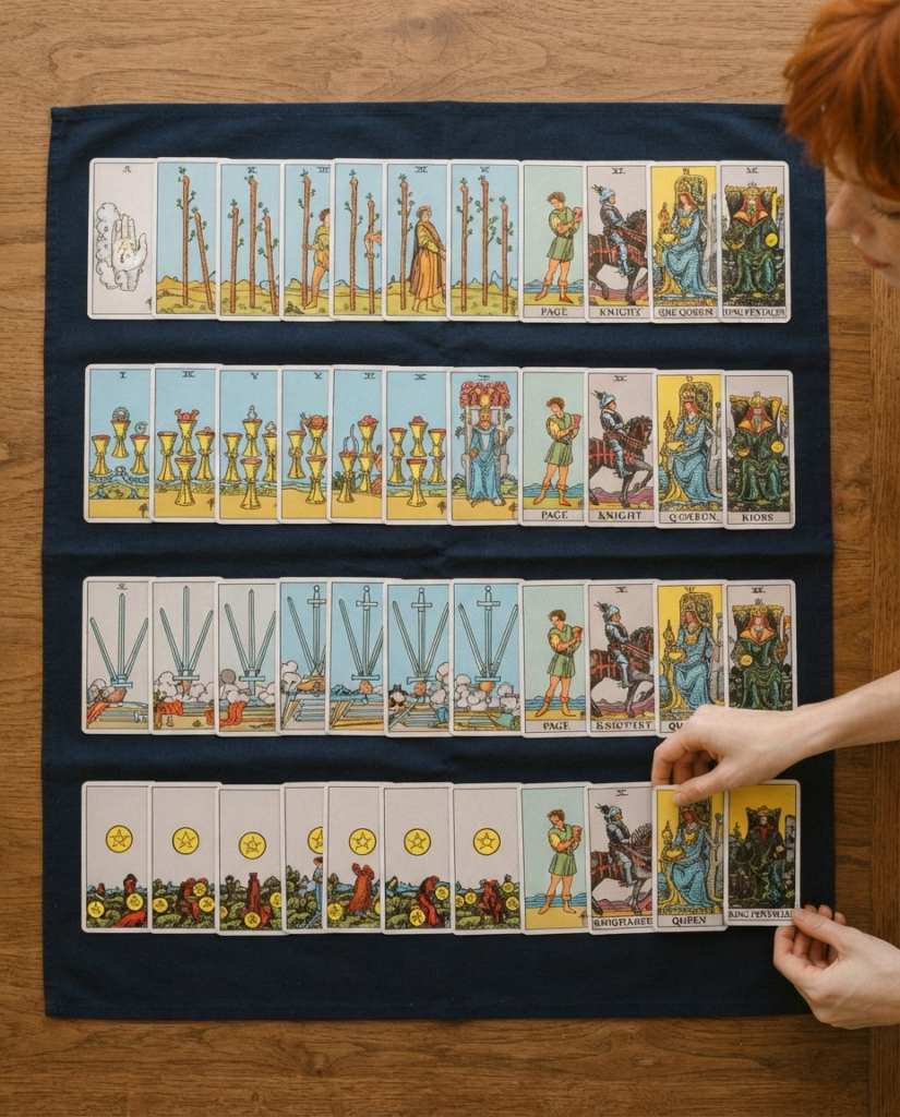Arcanos menores del tarot extendidos por palos sobre un tapete azul marino en una mesa de madera