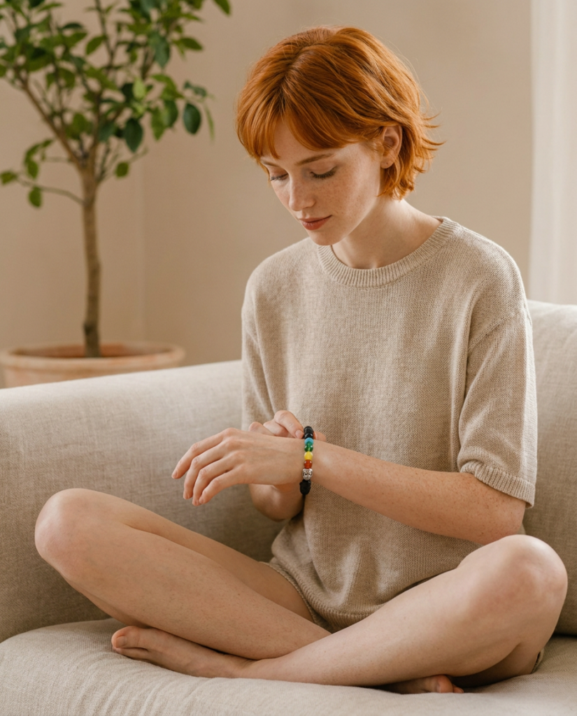 Modelo pelirroja con una pulsera de cuentas de los siete chakras, junto a velas de colores encendidas