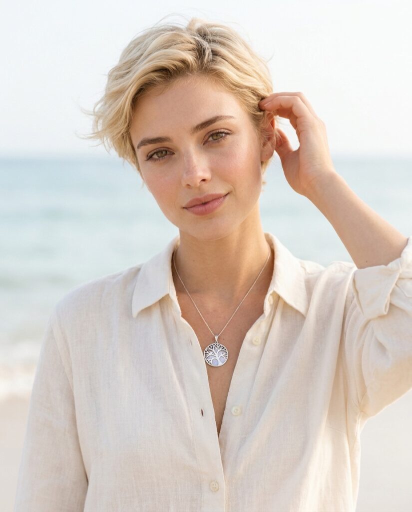 Modelo junto al mar con colgante de plata de ley y nácar en forma de árbol de la vida