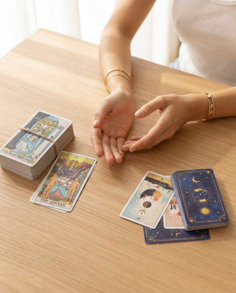 Mazo de cartas de oráculo y baraja de tarot colocados uno junto al otro sobre una mesa de madera